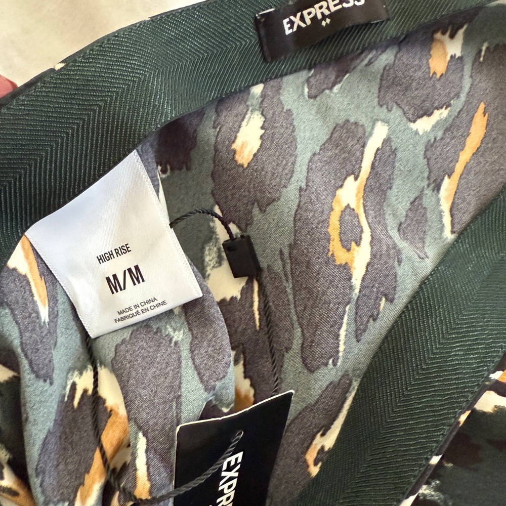 Express Dark Green Leopard Print Satin Silky Midi Slip Skirt Medium Autumn - Picture 5 of 8